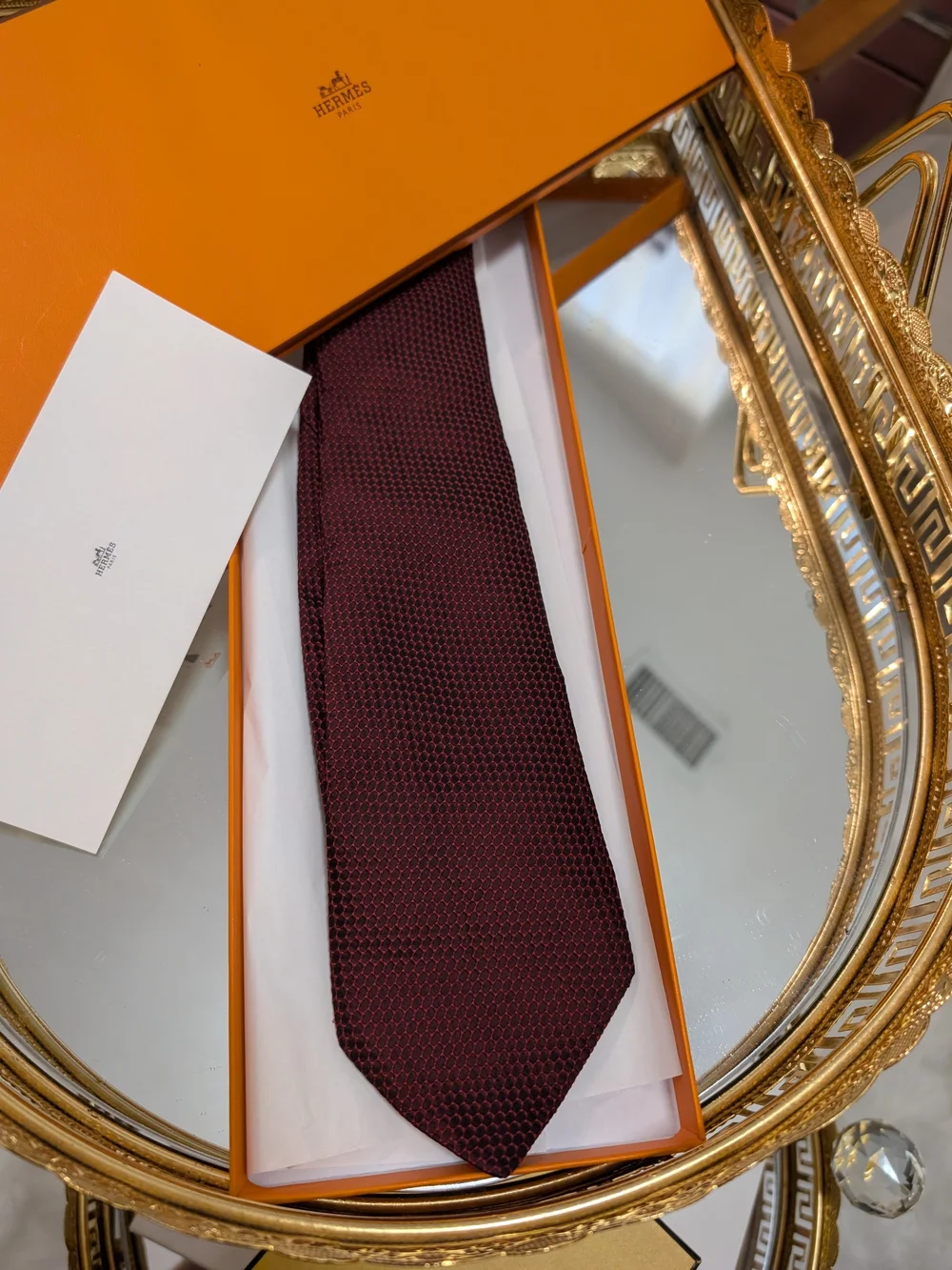 Hermes Men's Deep Burgundy Textured Silk Tie